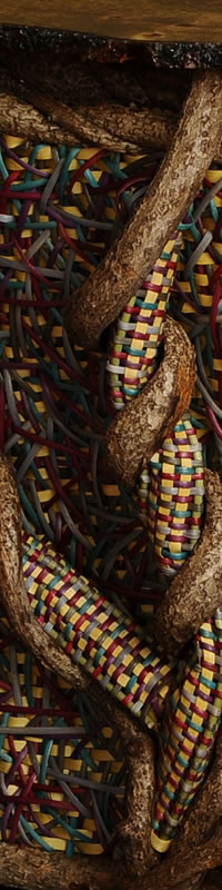 Photo-crop of a tiki bar built and woven by Tina Puckett